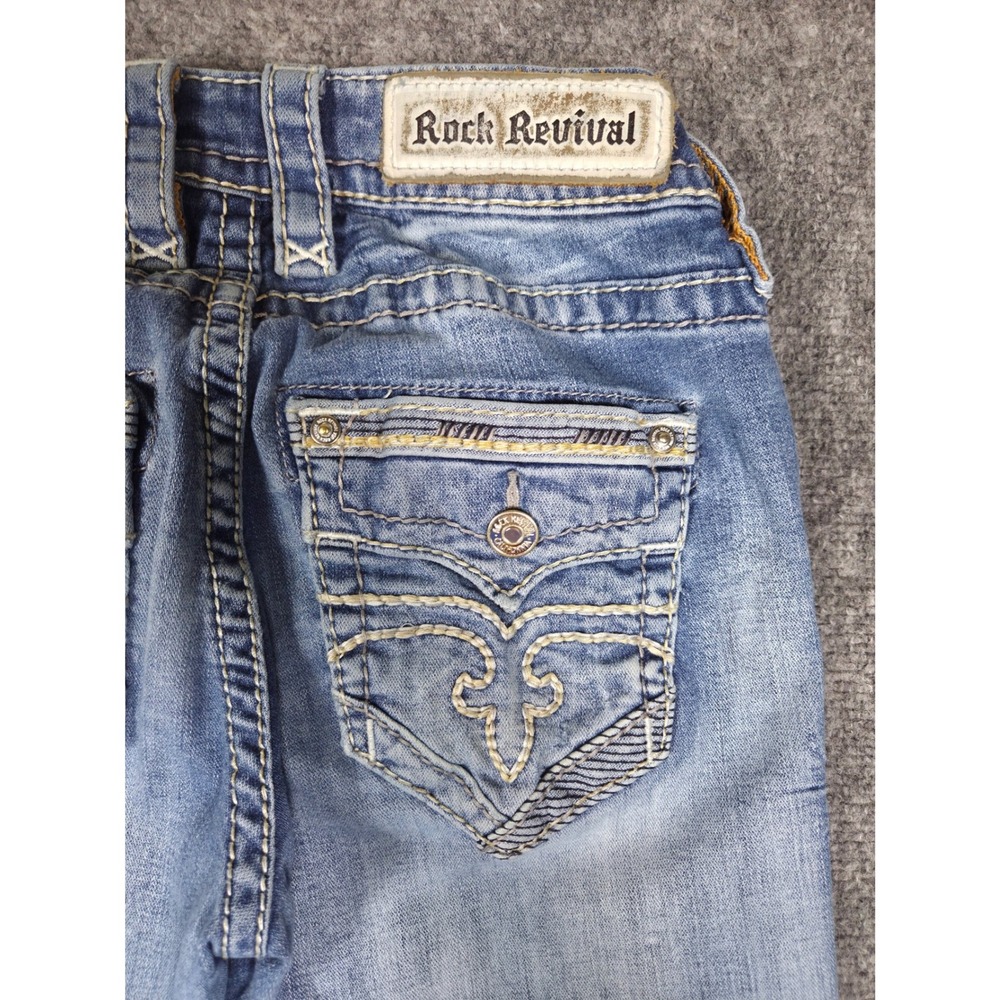 Rock Revival Lang Bootcut Jeans Womens 26 Blue Distressed Mid Rise Thick Stitch - Picture 5 of 13